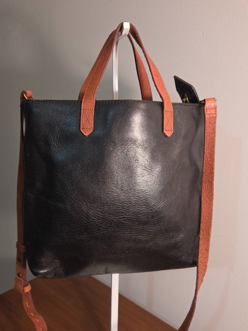 MADEWELL ZIPTOP TRANSPORT TOTE BLACK& TAN LEATHER CROSSBODY